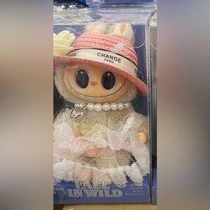 Cute Labubu Plush Doll with Pink Hat and Pearl Necklace